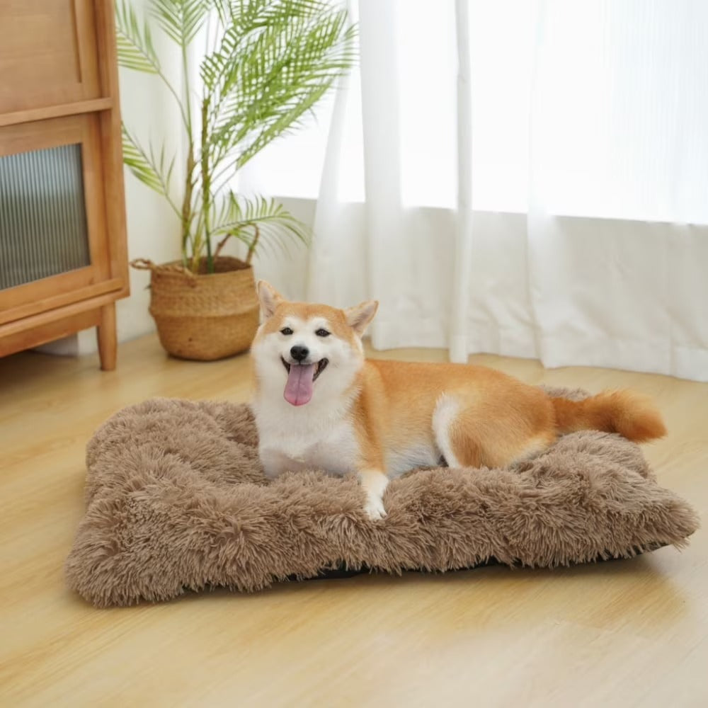 Large Dog Bed 35 x 23 Inch Plush Dog Crate Pad, Washable Dog Bed Mat with Non-Slip Bottom for Medium and Large Dogs, Khaki
