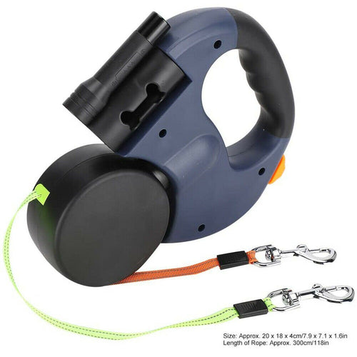Double Dog Retractable Leash with Reflective Orange and Green Leads, 360-Degree Tangle-Free Dual Dog Walking Leash, Soft Rubber Handle, LED Night Light, 10-Foot Adjustable Lead for Two Dogs Under 25 Pounds