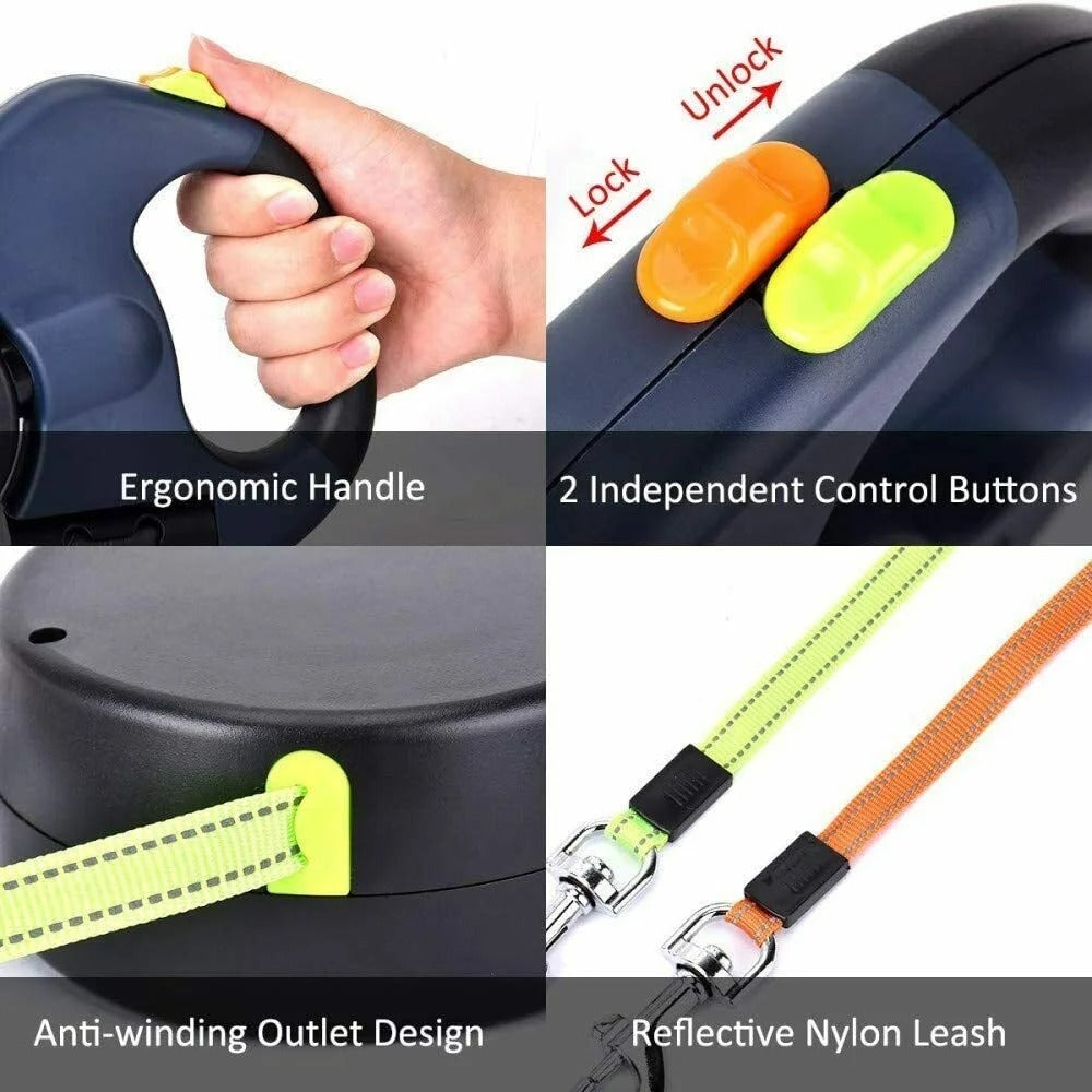 Double Dog Retractable Leash with Reflective Orange and Green Leads, 360-Degree Tangle-Free Dual Dog Walking Leash, Soft Rubber Handle, LED Night Light, 10-Foot Adjustable Lead for Two Dogs Under 25 Pounds