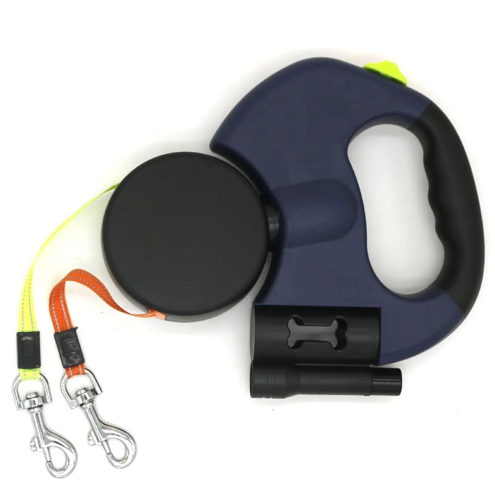 Double Dog Retractable Leash with Reflective Orange and Green Leads, 360-Degree Tangle-Free Dual Dog Walking Leash, Soft Rubber Handle, LED Night Light, 10-Foot Adjustable Lead for Two Dogs Under 25 Pounds