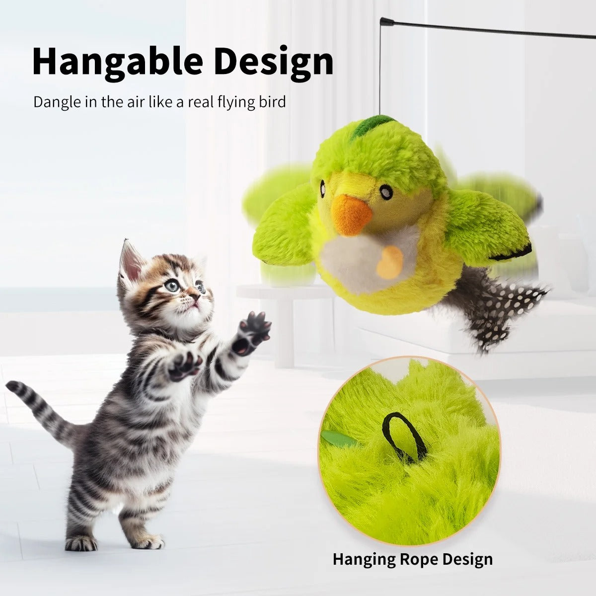 Interactive Flapping Bird Cat Toy with 500mAh Rechargeable Battery, Lifelike Chirping & Fluttering Wings for Indoor Cats and Playful Kittens, Stimulates Hunting Instincts and Encourages Active Play