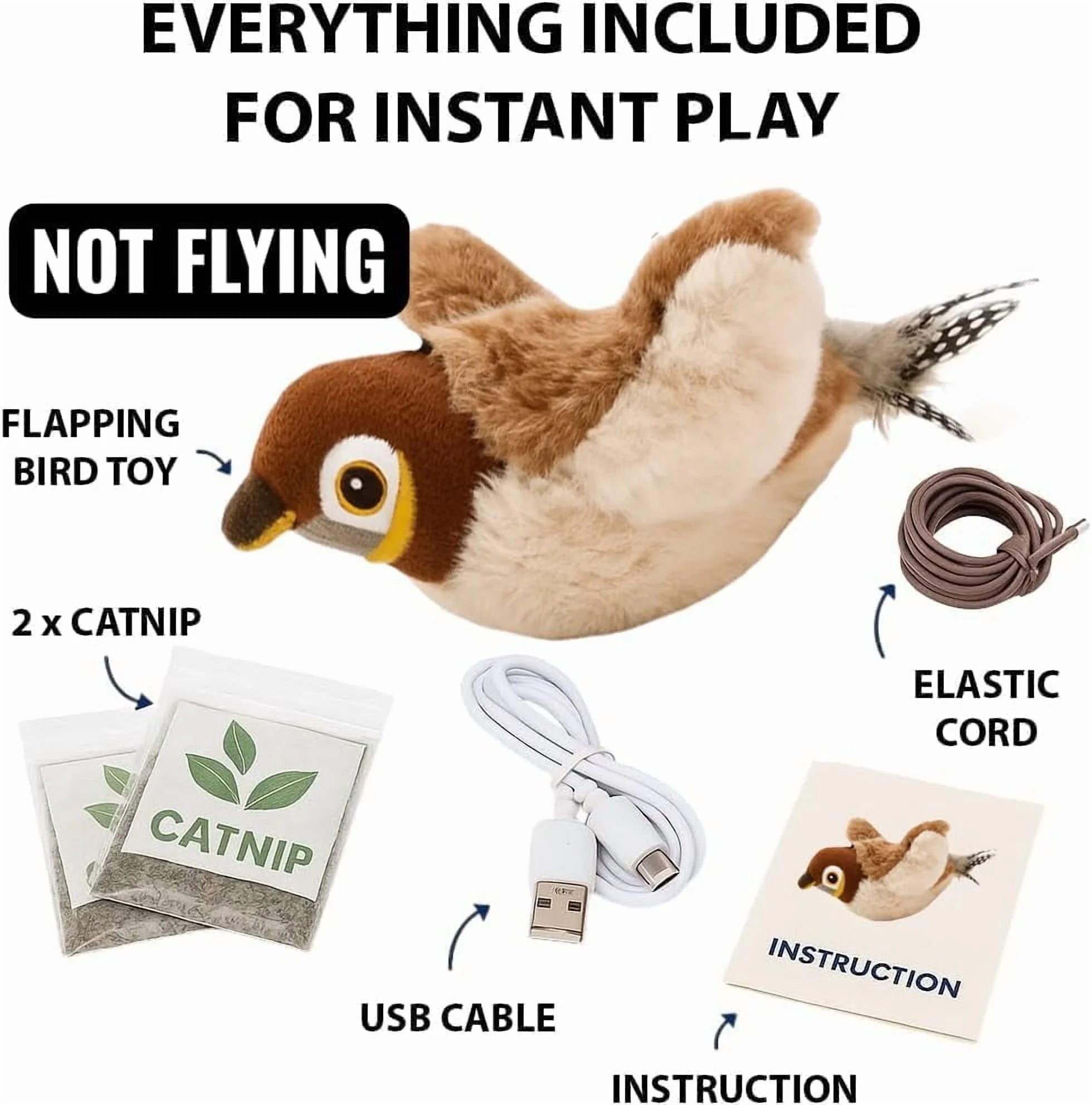 Interactive Flapping Sparrow Cat Toy with USB Rechargeable Battery, Lifelike Feathers, Chirping Sounds & Touch Activation, Catnip-Infused Indoor Play Toy for Adult Cats and Kittens